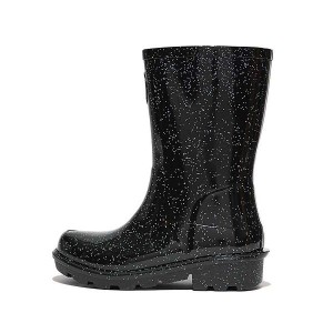 Kids' FitFlop Wonderwelly Junior Glitter Ergonomic Wellington Rain Boots Black | 894FZLBGU