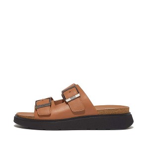 Men's FitFlop Gen-Ff Buckle Two Bar Leather Slides Light Brown | 924YEZMCN