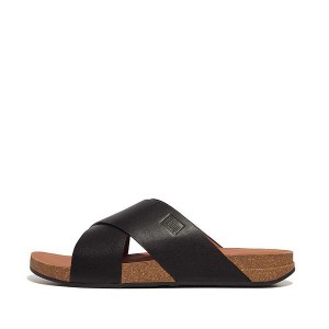 Men's FitFlop Iqushion Leather Cross Slides Black | 584FSITRX