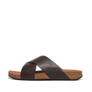 Men's FitFlop Iqushion Leather Cross Slides Brown | 542WVCSIY