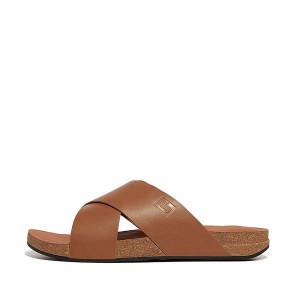 Men's FitFlop Iqushion Leather Cross Slides Light Brown | 680ATDJPF