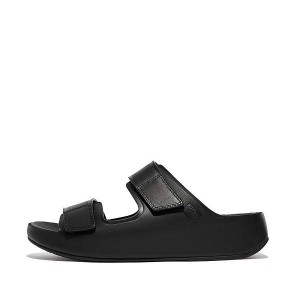 Men's FitFlop Samel Adjustable Leather Slides Black | 582GUFLBS