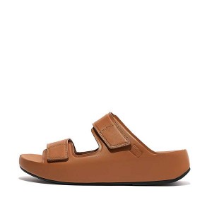 Men's FitFlop Samel Adjustable Leather Slides Light Brown | 350CEDXKV