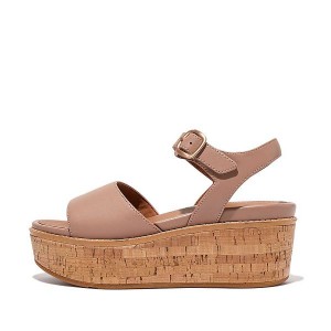 Women's FitFlop Eloise Cork-Wrap Leather Wedge Sandals Beige | 802NXJHDZ