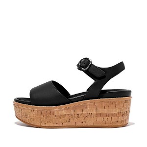 Women's FitFlop Eloise Cork-Wrap Leather Wedge Sandals Black | 869ULMZSN