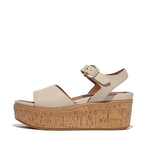 Women's FitFlop Eloise Cork-Wrap Leather Wedge Sandals Grey / Beige | 318USQTVG