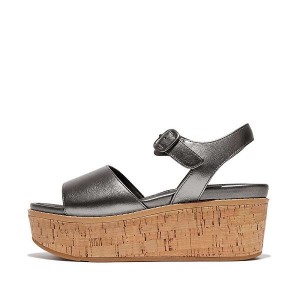 Women's FitFlop Eloise Cork-Wrap Metallic Leather Back-Strap Wedge Sandals Blue / Grey | 873XWCSJP