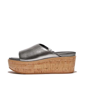 Women's FitFlop Eloise Cork-Wrap Metallic Leather Wedge Slides Blue / Grey | 642NPZDJQ