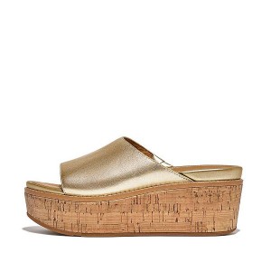 Women's FitFlop Eloise Cork-Wrap Metallic Leather Wedge Slides Brown / Gold | 031RMYVUB