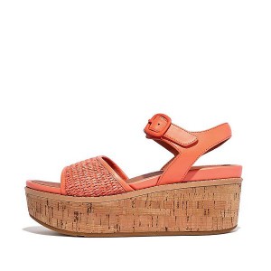 Women's FitFlop Eloise Cork-Wrap Woven Back-Strap Wedge Sandals Coral | 738DQKNLM