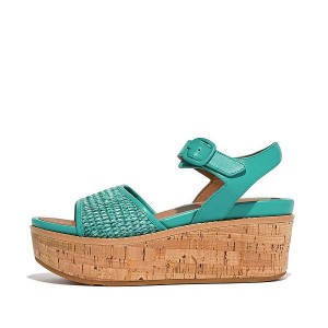 Women's FitFlop Eloise Cork-Wrap Woven Back-Strap Wedge Sandals Blue / White | 438YLFTAP