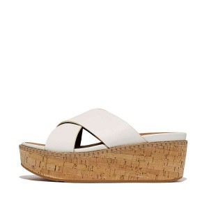 Women's FitFlop Eloise Leather Cork Wedge Cross Slides White | 675PMNBRT