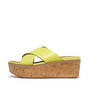 Women's FitFlop Eloise Leather Cork Wedge Cross Slides Light Green | 129MDKYGS