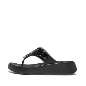 Women's FitFlop F-Mode Jewel Deluxe Leather Flatform Toe-Post Sandals Black | 634SMCDWH