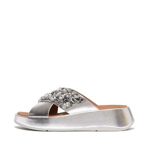 Women's FitFlop F-Mode Jewel Deluxe Metallic Leather Flatform Cross Slides Silver | 861TGIQLY