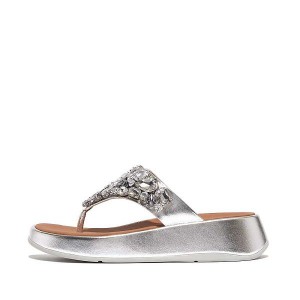 Women's FitFlop F-Mode Jewel Deluxe Metallic Leather Flatform Toe-Post Sandals Silver | 849MKBQFL