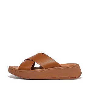 Women's FitFlop F-Mode Leather Flatform Cross Slides Light Brown | 402MLKRFP