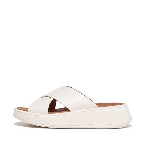 Women's FitFlop F-Mode Leather Flatform Cross Slides Cream | 901BZMKEX