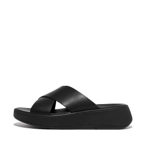 Women's FitFlop F-Mode Leather Flatform Cross Slides Black | 543AXBKGN