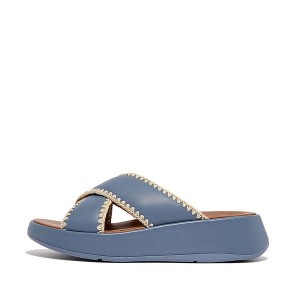 Women's FitFlop F-Mode Leather Flatform Cross Slides Blue | 795LIFBQE