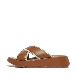 Women's FitFlop F-Mode Leather Flatform Cross Slides Light Brown | 951NYJAEF