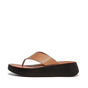 Women's FitFlop F-Mode Luxe Leather Flatform Toe-Post Sandals Brown | 308KSJNWT