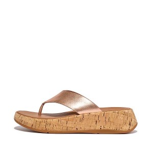 Women's FitFlop F-Mode Metallic Leather Cork Flatform Toe-Post Sandals Rose Gold | 254XPNJAI