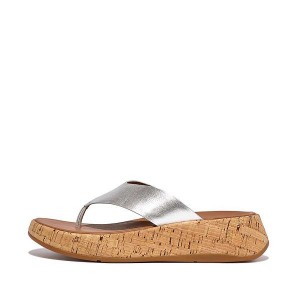 Women's FitFlop F-Mode Metallic Leather Cork Flatform Toe-Post Sandals Silver | 971XNITEB