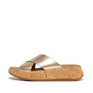 Women's FitFlop F-Mode Metallic Leather Cork Flatform Cross Slides Brown / Gold | 023KWCPZM