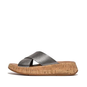 Women's FitFlop F-Mode Metallic Leather Cork Flatform Cross Slides Blue / Grey | 946MYKLNI