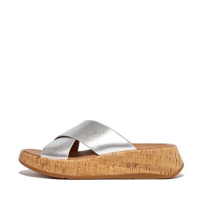 Women's FitFlop F-Mode Metallic Leather Cork Flatform Cross Slides Silver | 837BVPUZF