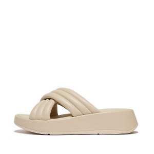 Women's FitFlop F-Mode Padded Leather Flatform Cross Slides Grey / Beige | 237AMZLSU