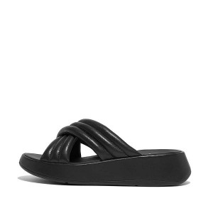 Women's FitFlop F-Mode Padded Leather Flatform Cross Slides Black | 703AECNFR