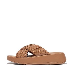 Women's FitFlop F-Mode Woven Leather Flatform Cross Slides Brown | 438UNHOAZ