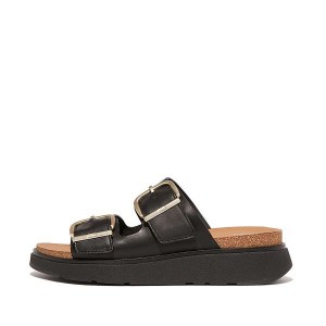 Women's FitFlop Gen-Ff Buckle Two Bar Leather Slides Black | 980PDHNKT