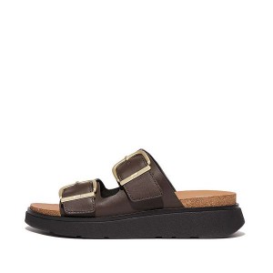 Women's FitFlop Gen-Ff Buckle Two Bar Leather Slides Brown | 401FSDABL