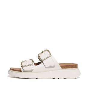 Women's FitFlop Gen-Ff Buckle Two Bar Leather Slides White | 205OCRUGH