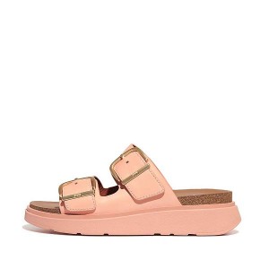 Women's FitFlop Gen-Ff Buckle Two Bar Leather Slides Brown / Coral | 283QTCWSE