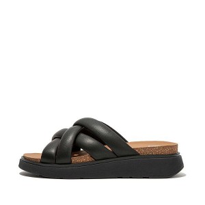 Women's FitFlop Gen-Ff Padded Strap Leather Slides Black | 146CBNDSQ