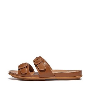 Women's FitFlop Gracie Buckle Two Bar Leather Slides Brown | 201SILGJB