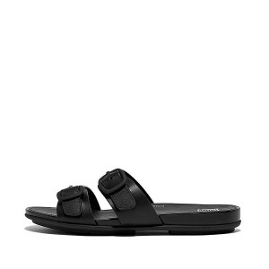 Women's FitFlop Gracie Buckle Two Bar Leather Slides Black | 807RTBXNK