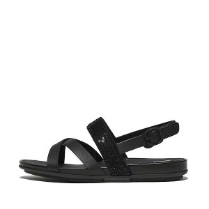 Women's FitFlop Gracie Crystal Leather Strappy Back-Strap Sandals Black | 057ZMNHBC