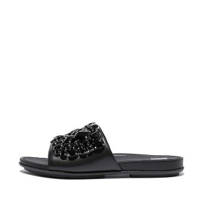 Women's FitFlop Gracie Jewel Deluxe Leather Slides Black | 542PERJGK