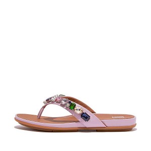 Women's FitFlop Gracie Jewel Deluxe Leather Flip Flops Purple | 967BCXIKT