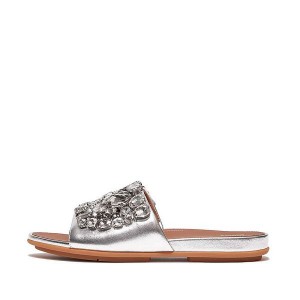 Women's FitFlop Gracie Jewel Deluxe Metallic Leather Slides Silver | 984EHOFIS