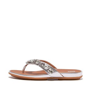 Women's FitFlop Gracie Jewel Deluxe Metallic Leather Flip Flops Silver | 984JILNRT