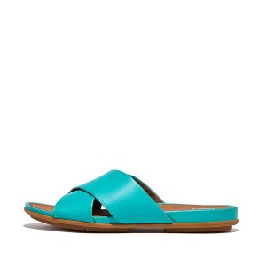 Women's FitFlop Gracie Leather Cross Slides Blue | 832QZDSKV