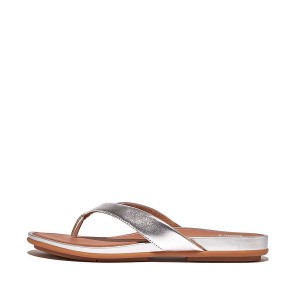 Women's FitFlop Gracie Metallic Leather Flip Flops Silver | 250VLAKUQ