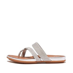 Women's FitFlop Gracie Shimmerlux Strappy Toe-Post Sandals Silver | 873MABIVN