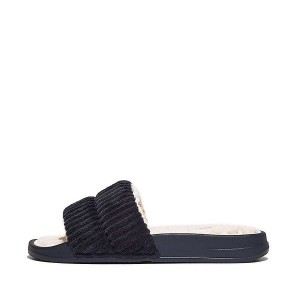 Women's FitFlop Iqushion Biofleece Lined Corduroy Slides Navy | 753GAQNCJ